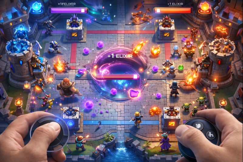 Gestión del elixir y fases de combate en Clash Royale durante una partida estratégica