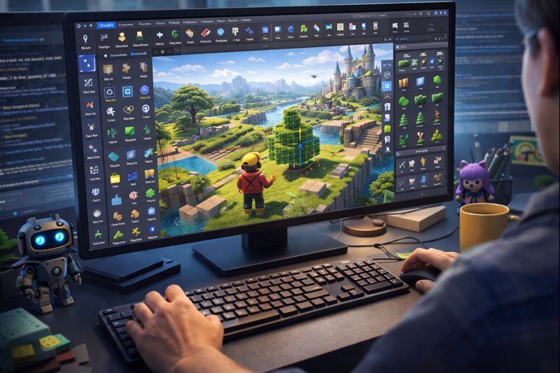 Creación de juegos en Roblox Studio usando herramientas de desarrollo en 2026