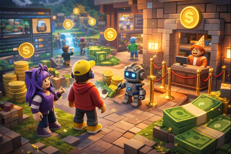Monetización de juegos en Roblox mediante economía virtual y contenido premium